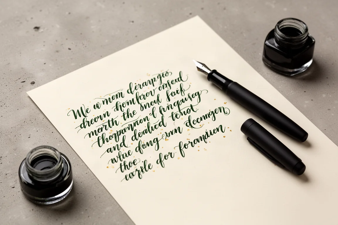 Prova di scrittura con penna stilografica su carta crema con inchiostro verde scuro scintillante