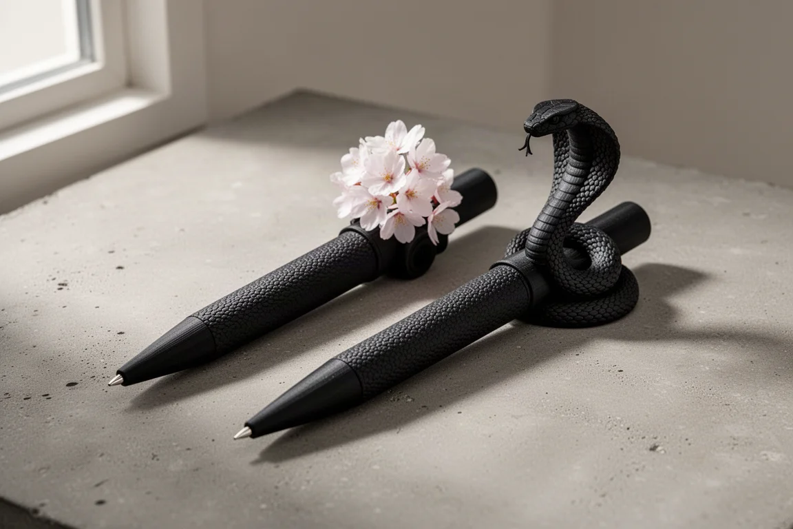 Two black 3D printed fountain pens with cherry blossom and cobra roll stoppers on concrete