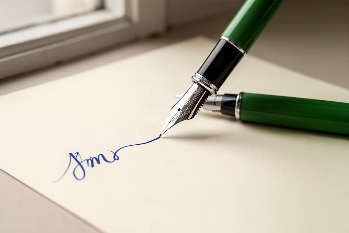 Schriftprobe eines Füllfederhalters auf cremefarbenem Papier mit fließender blauer Tinte