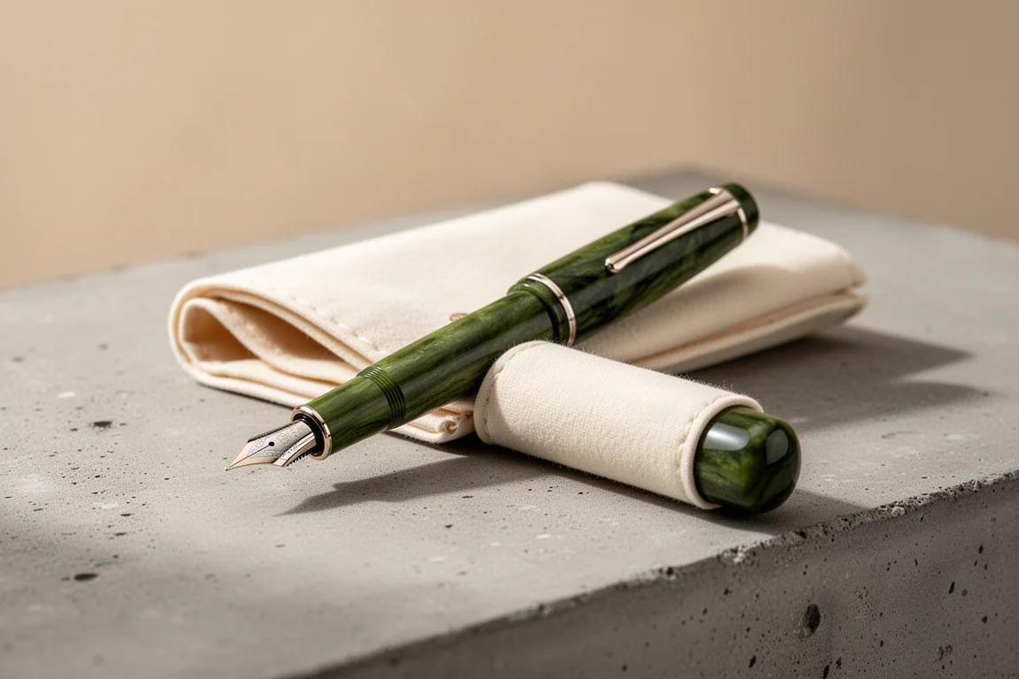Small moss-green ebonite fountain pen resting on concrete beside a cream cloth wrap