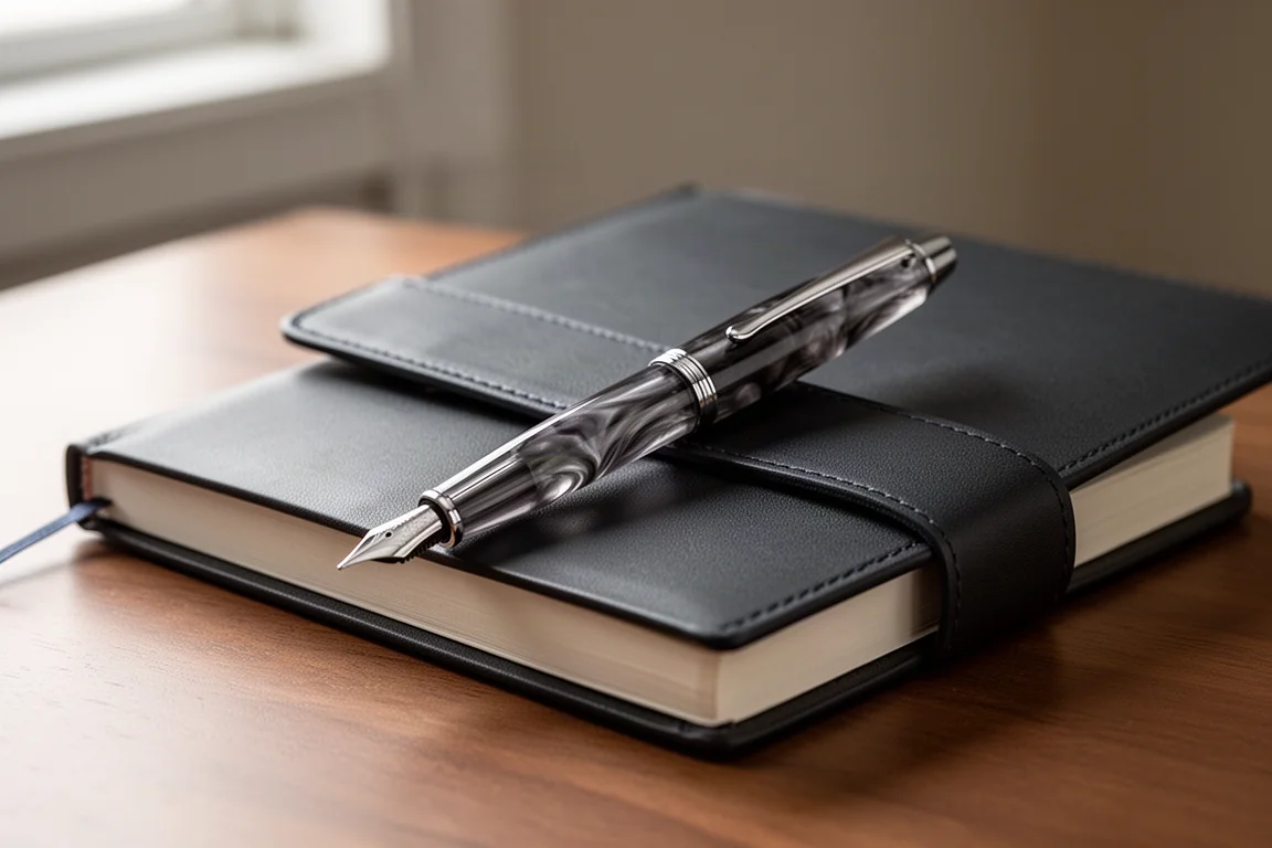 Slim fountain pen with smoky gray swirled acrylic lying on a dark desk beside a notebook