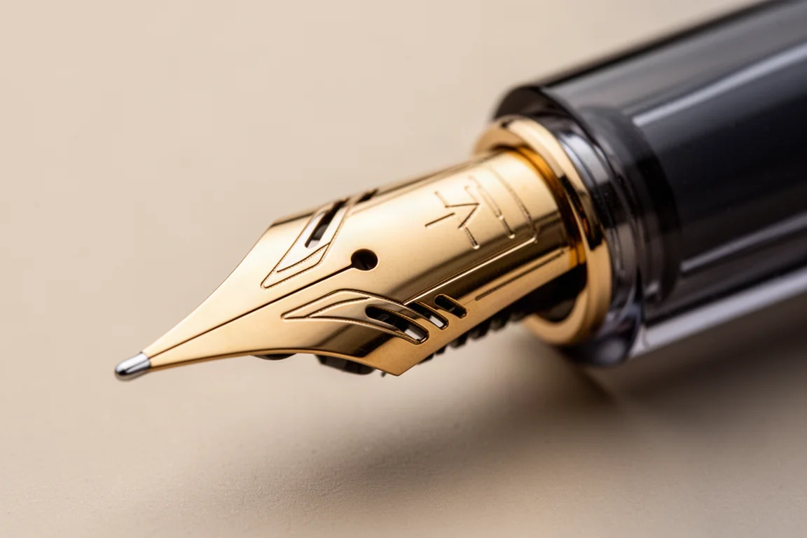 Close-up of a 14K gold fountain pen nib showing long thin tines and side cutouts