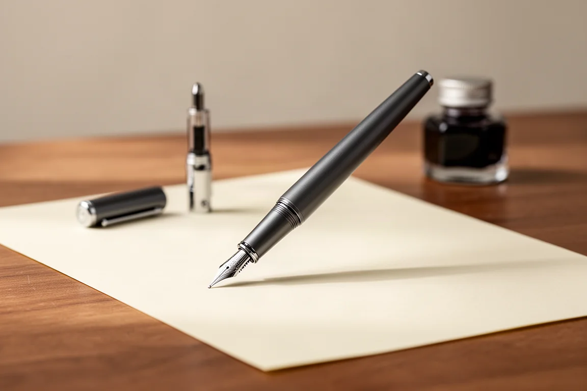 Fountain pen in use on a desk with converter and notebook, soft daylight