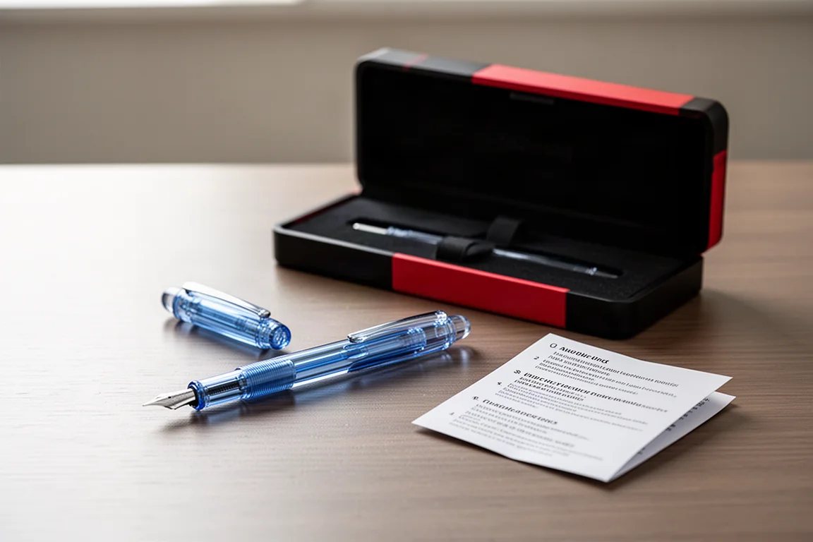 Translucent blue acrylic fountain pen resting on a wooden desk with its presentation box open