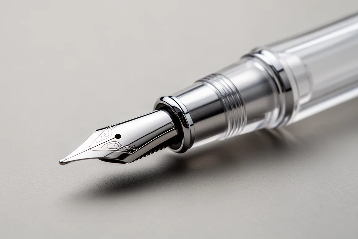 Close-up of a fountain pen nib and grip section showing a stepped finger rest