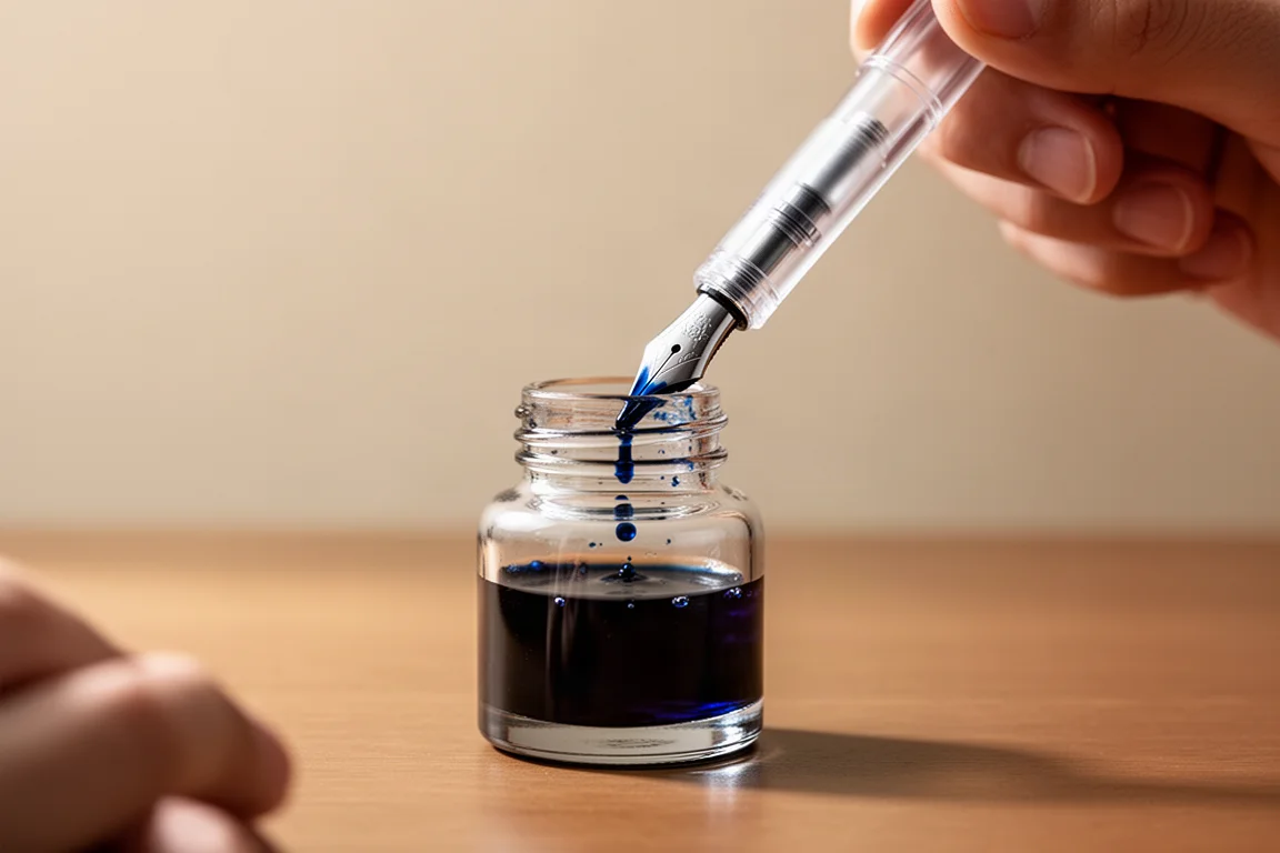 Hands filling a translucent fountain pen from a small glass ink bottle