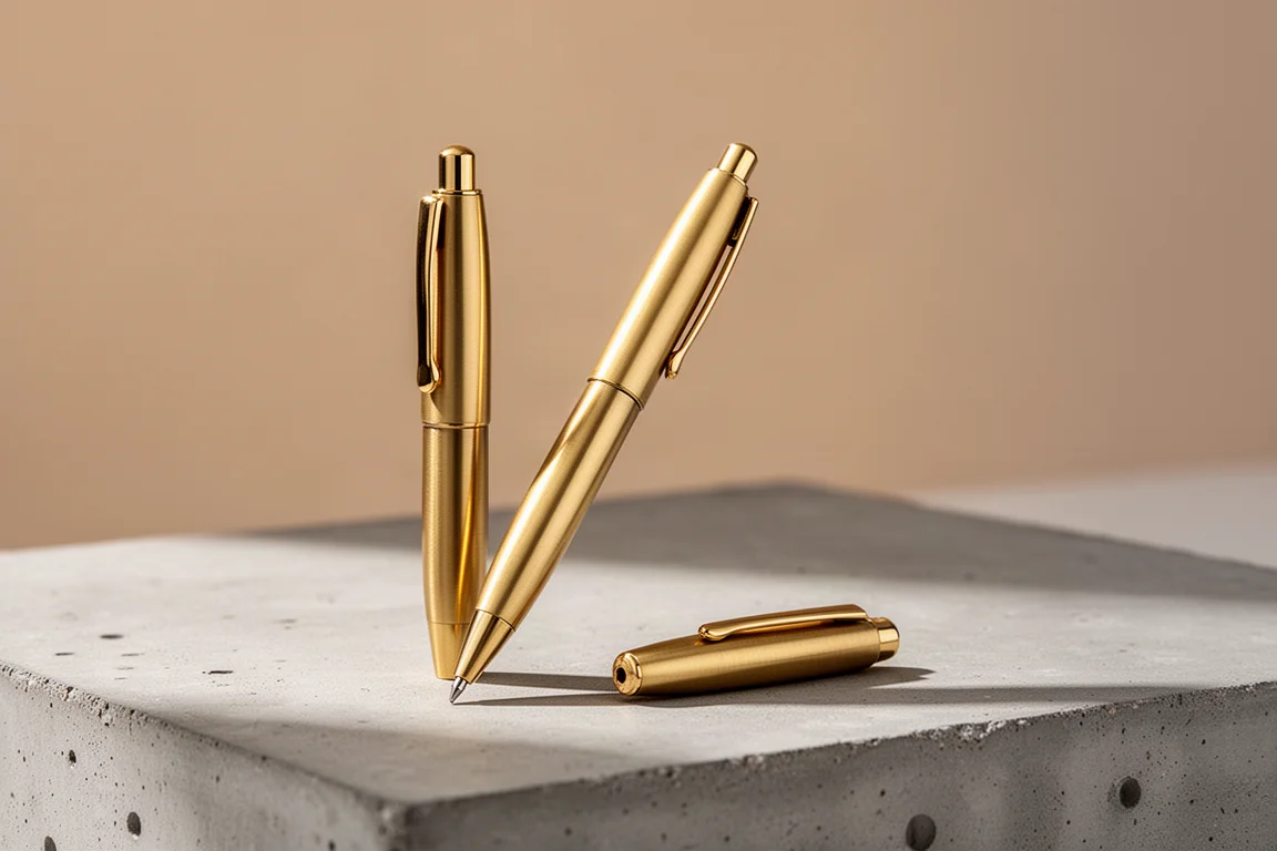 Compact brass ballpoint pen with gold clip on a concrete surface