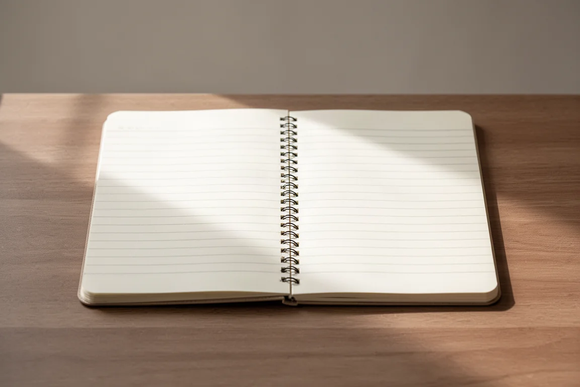 Carnet A5 ouvert montrant les pages lignées Seyrès et la reliure cousue, à plat