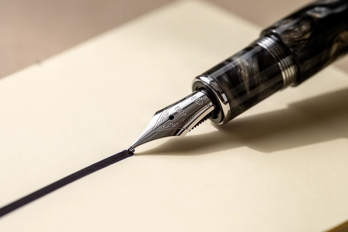 Un stylo-plume tracé une ligne nette sur le papier lisse du carnet