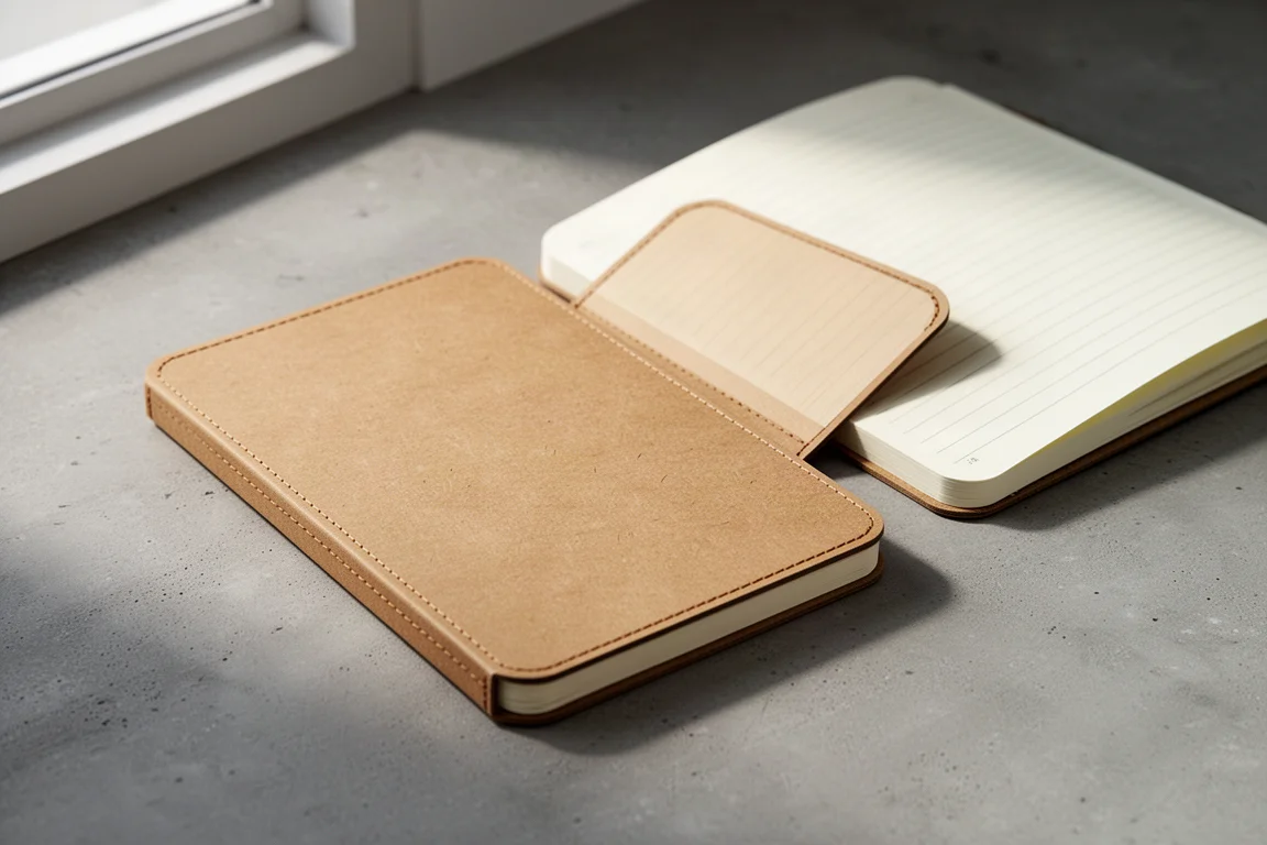 Quaderno A5 cucito con copertina di cartone kraft su una superficie di cemento