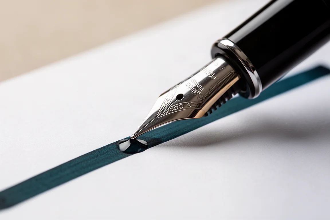 Hand som skriver en provrad med bred nib-penna på papper