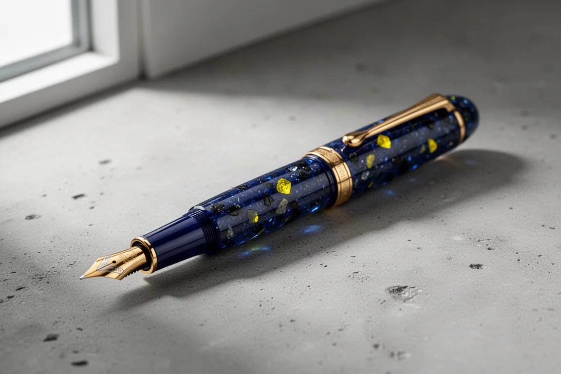Deep blue and yellow resin fountain pen photographed on a neutral surface