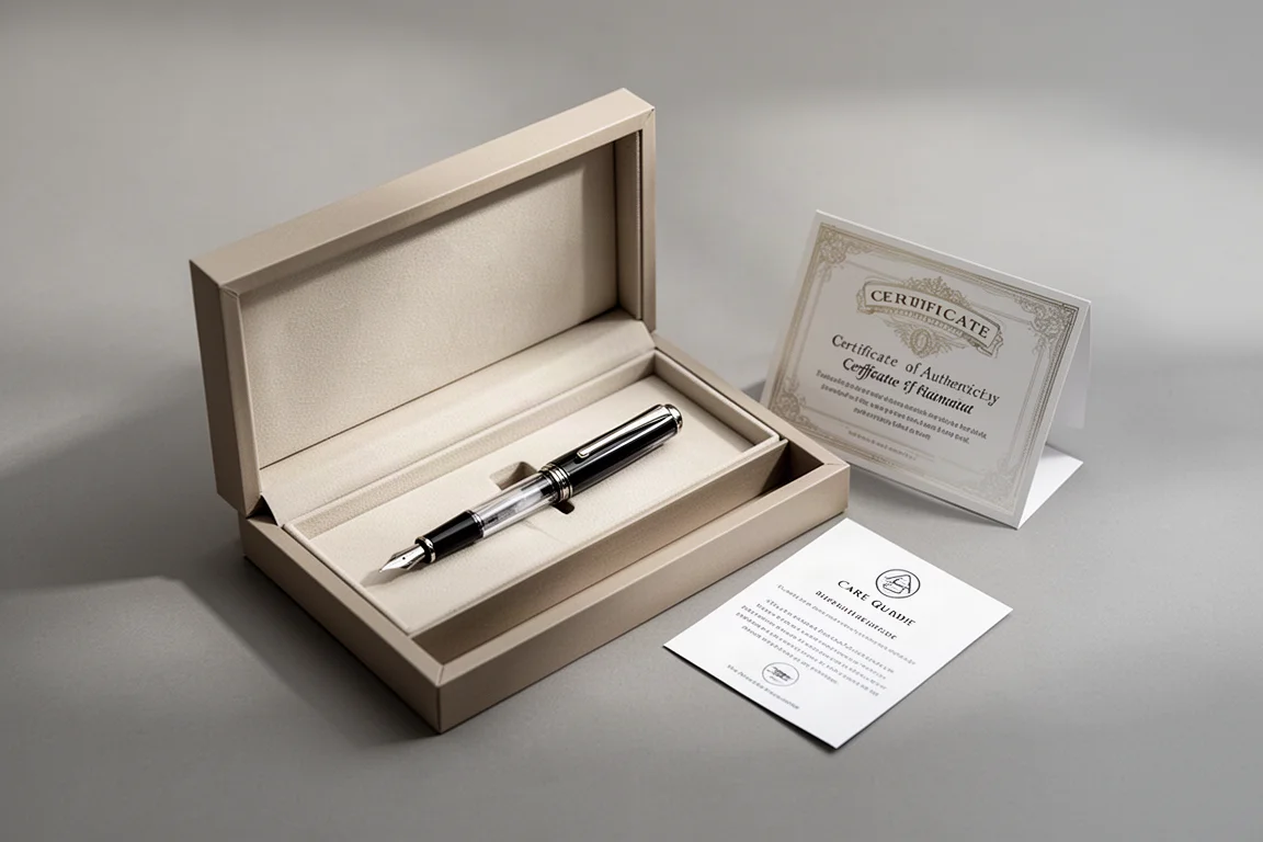 Fountain pen gift box with certificate card and care documentation laid open