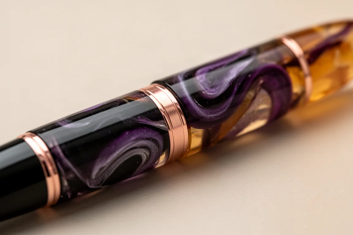 Purple and amber resin barrel close-up showing swirls and rose gold band