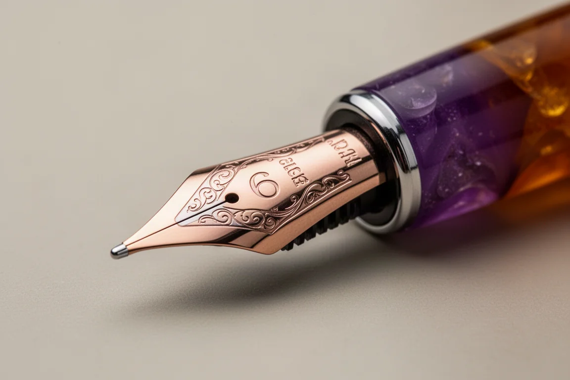 Rose gold plated stainless steel fountain pen nib in close detail