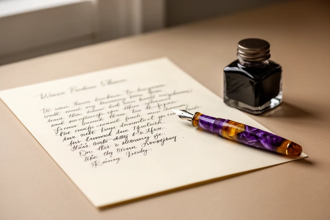 Handwriting sample page with fountain pen resting beside an ink bottle