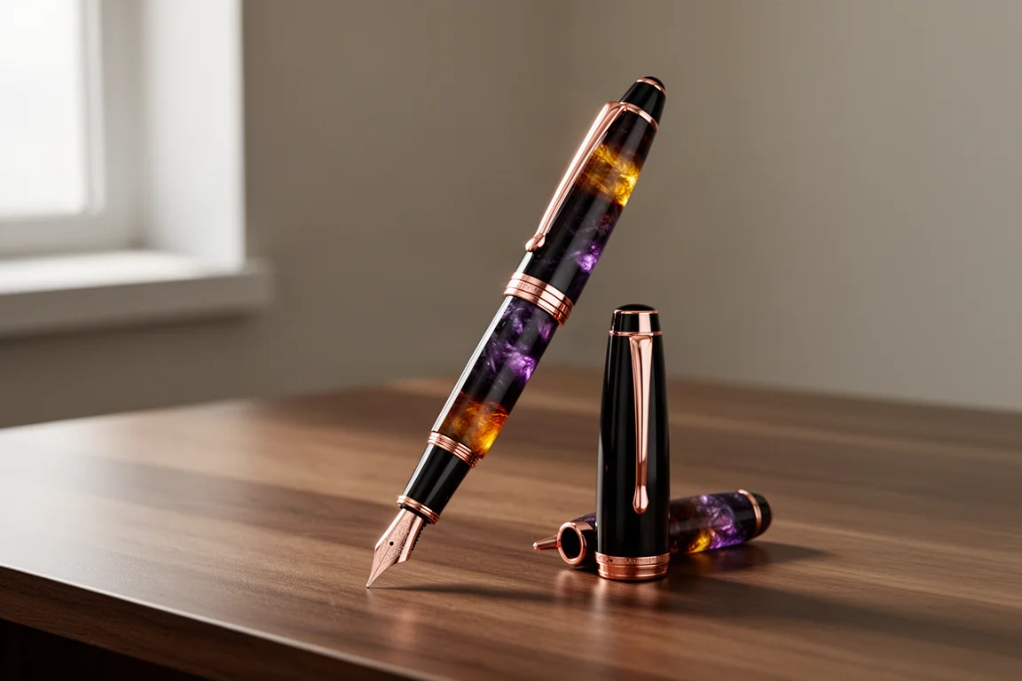 Penlux Masterpiece Delgado Euploea fountain pen with purple and amber resin on a wood desk