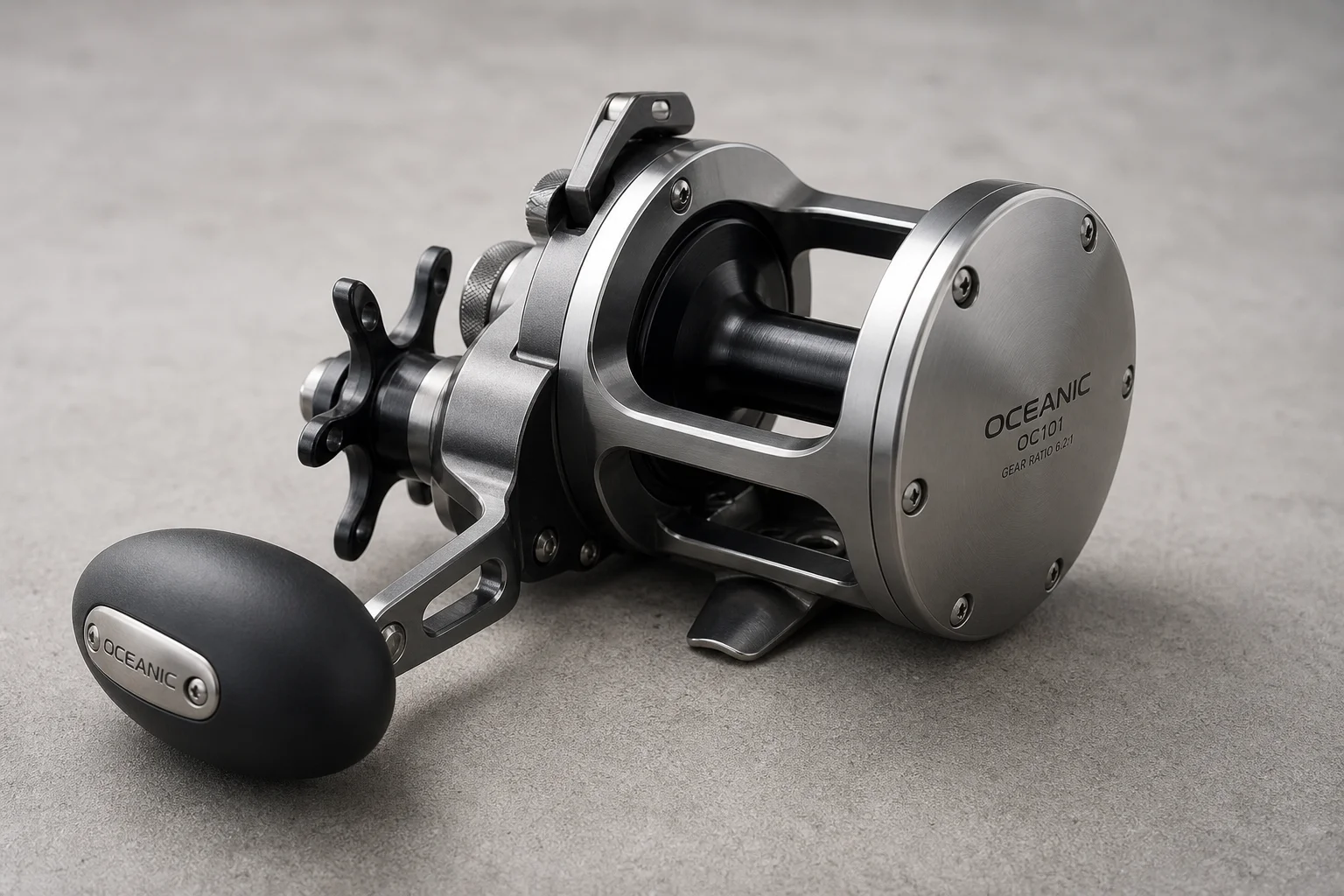 Three conventional fishing reels displayed side by side on neutral backdrop