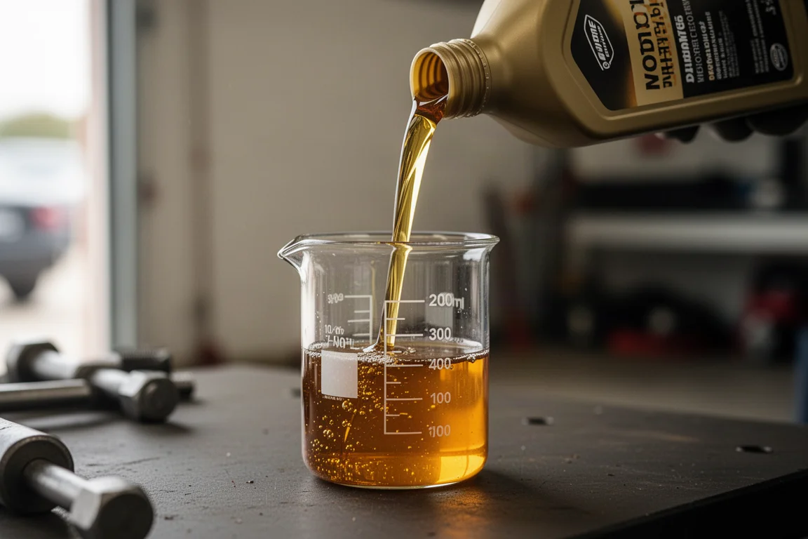 Huile moteur versée dans un récipient de test transparent dans un atelier