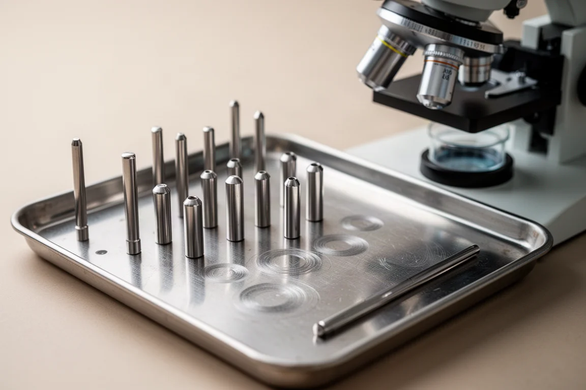 Vue au microscope de plots de test métalliques montrant les marques d'usure après les essais de lubrification