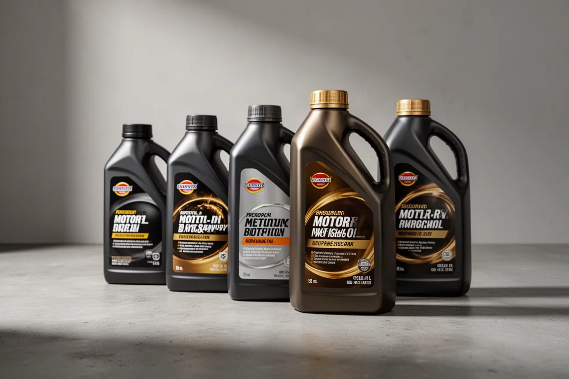 Four Pennzoil motor oil bottles arranged in a row on a concrete surface
