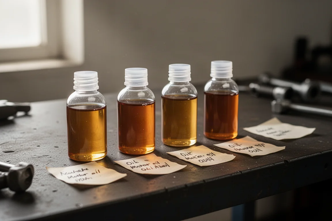 Quattro bottiglie di olio motore allineate su una panca da officina prima dei test in laboratorio