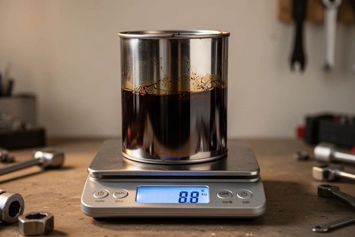 Primo piano di olio motore pesato su una bilancia digitale dopo un test di calore