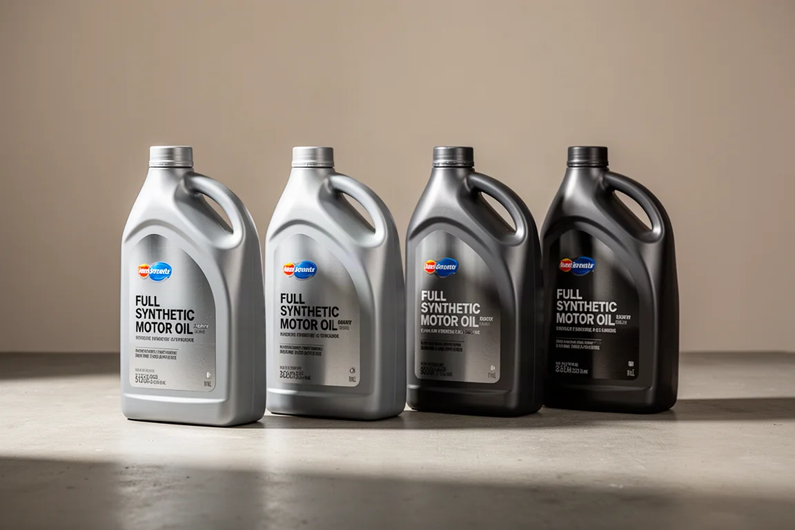 Four bottles of Pennzoil Platinum motor oil in a row on a concrete surface