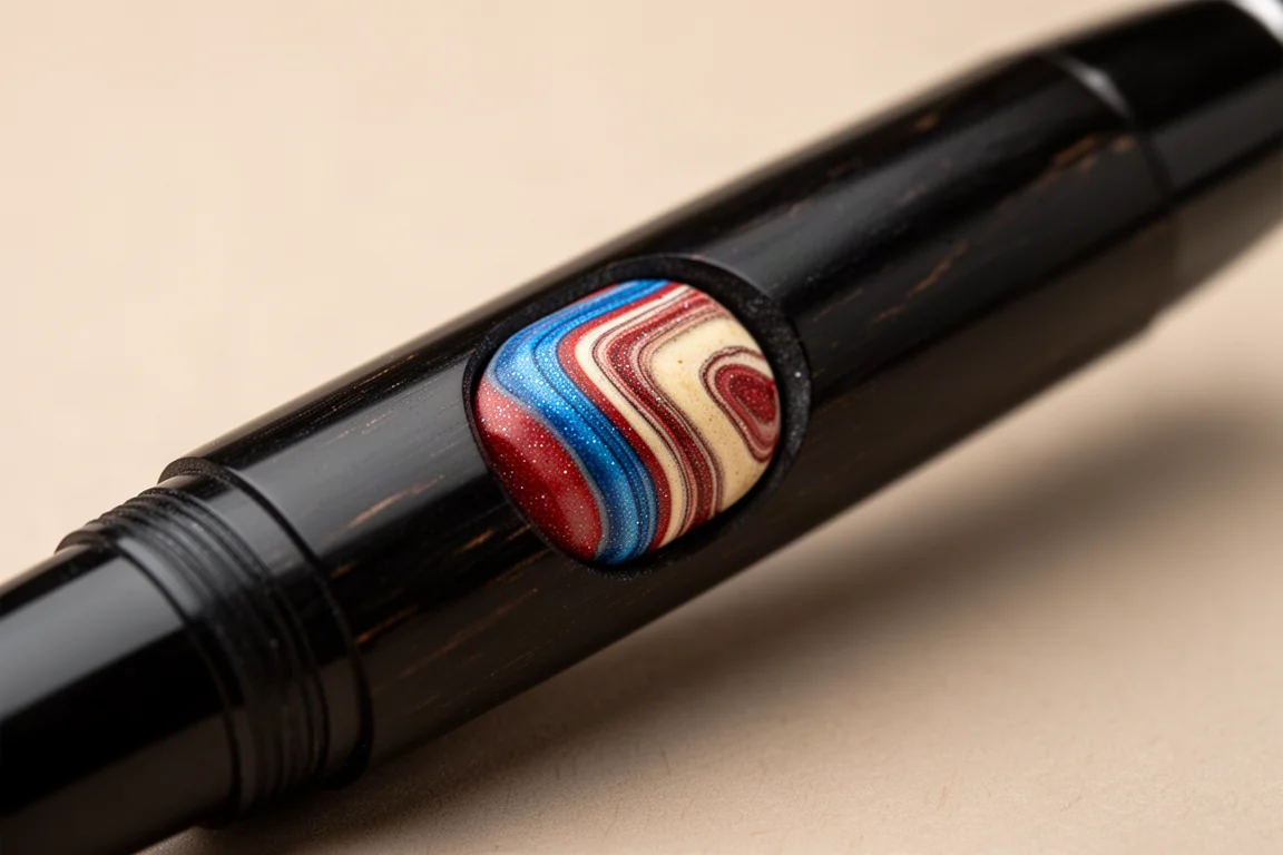 Material de Fordite com espirais coloridas embutido na parte traseira do grip de uma caneta
