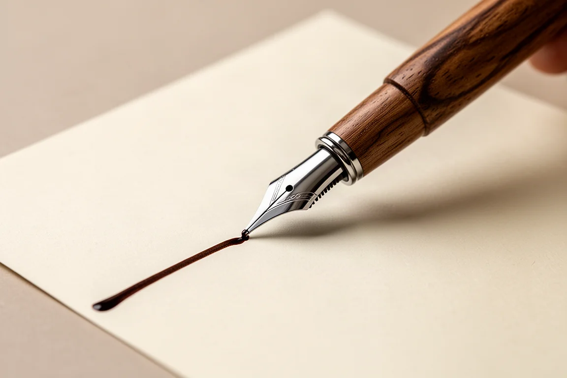 Pena de aço bicolor escrevendo em papel creme com tinta marrom escura