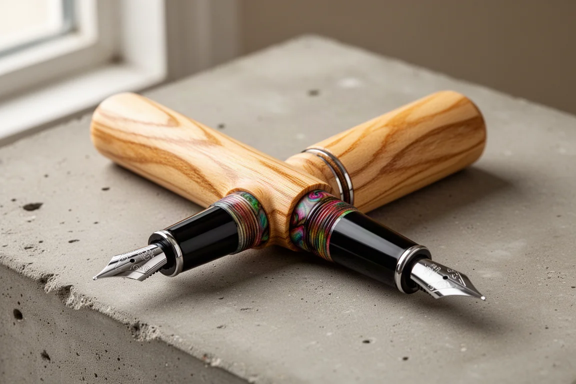 Penna stilografica in legno su misura in silky oak chiaro appoggiata su una superficie di cemento