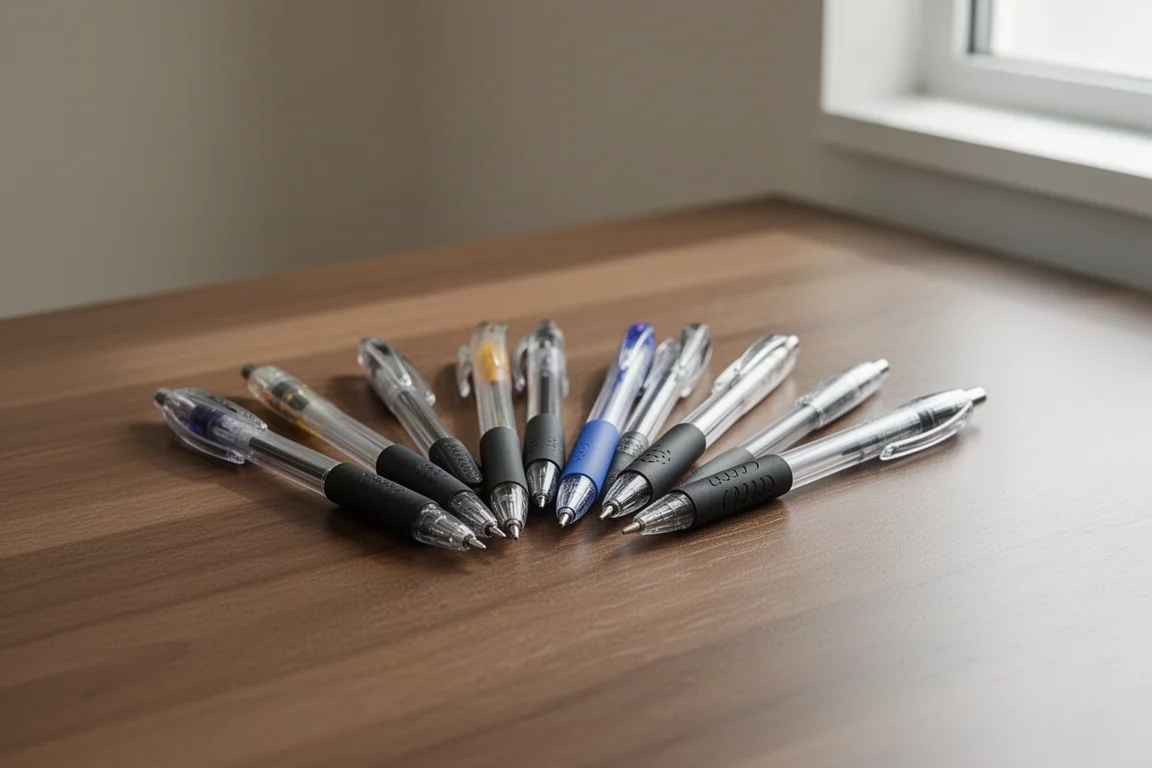 Gel pens in assorted colors arranged on a wooden desk