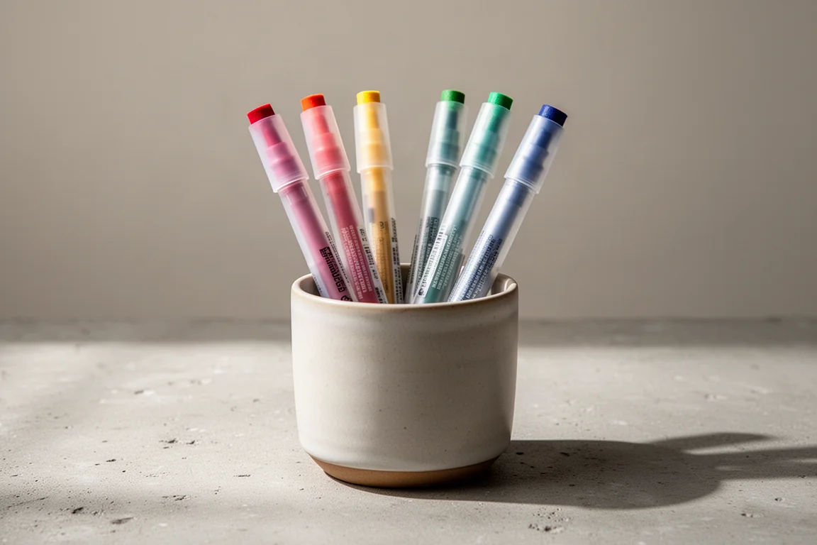 Felt-tip pens standing tip down in a ceramic cup