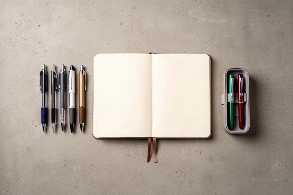 Flat-lay of pens and notebooks on a concrete desk