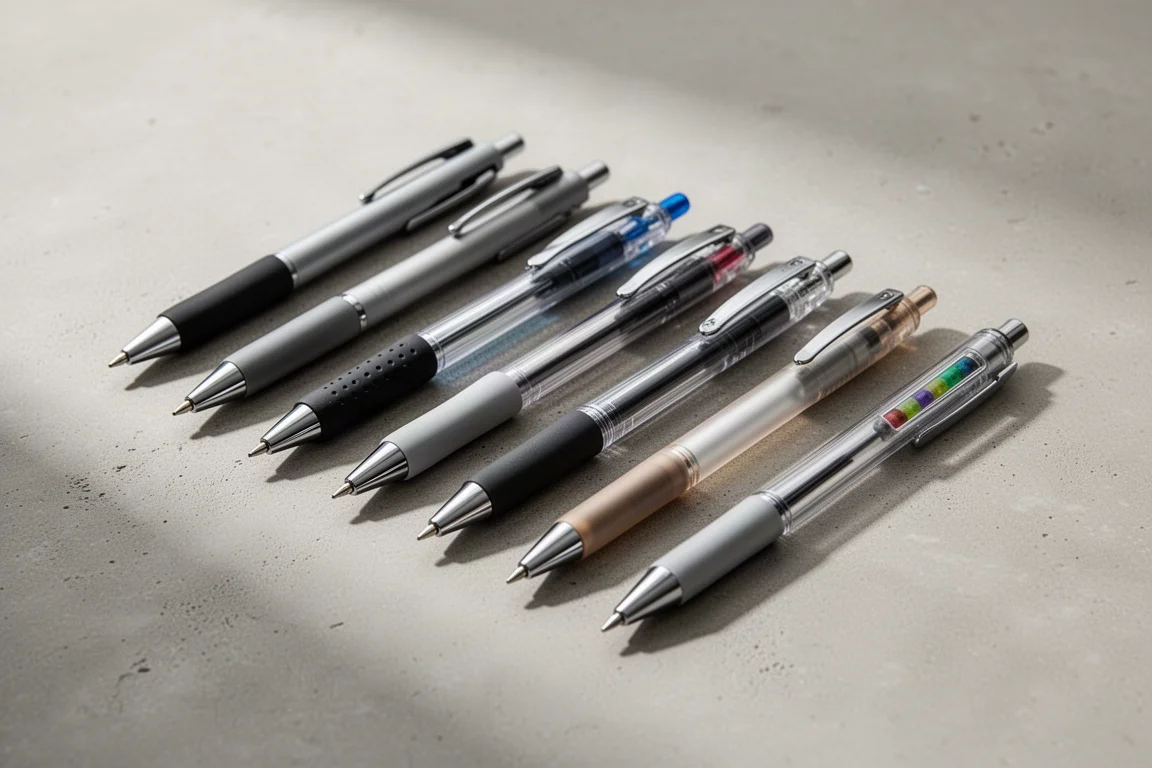 Collection of assorted everyday pens arranged on a matte concrete surface