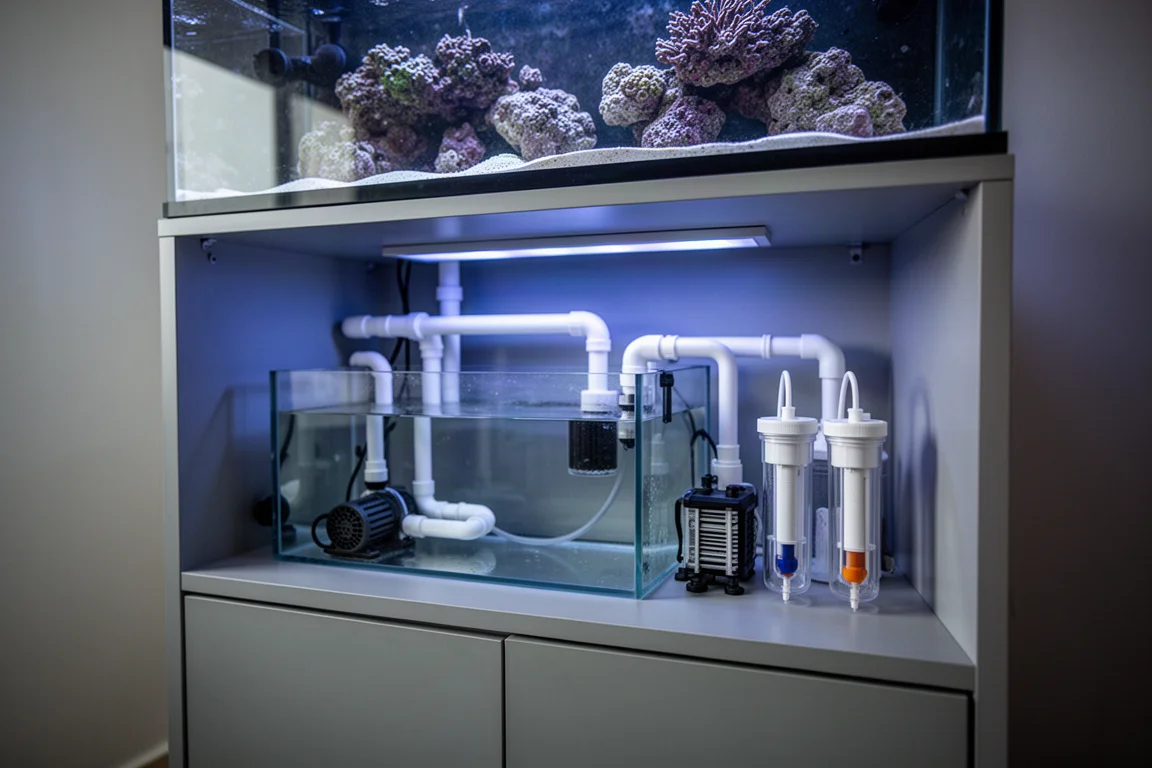 Reef aquarium sump area with plumbing and soft blue tank lighting in a dim room