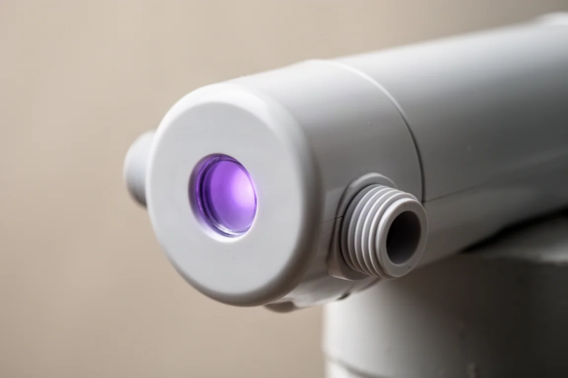 Close-up of a cylindrical UV sterilizer end cap with a soft violet glow at the window