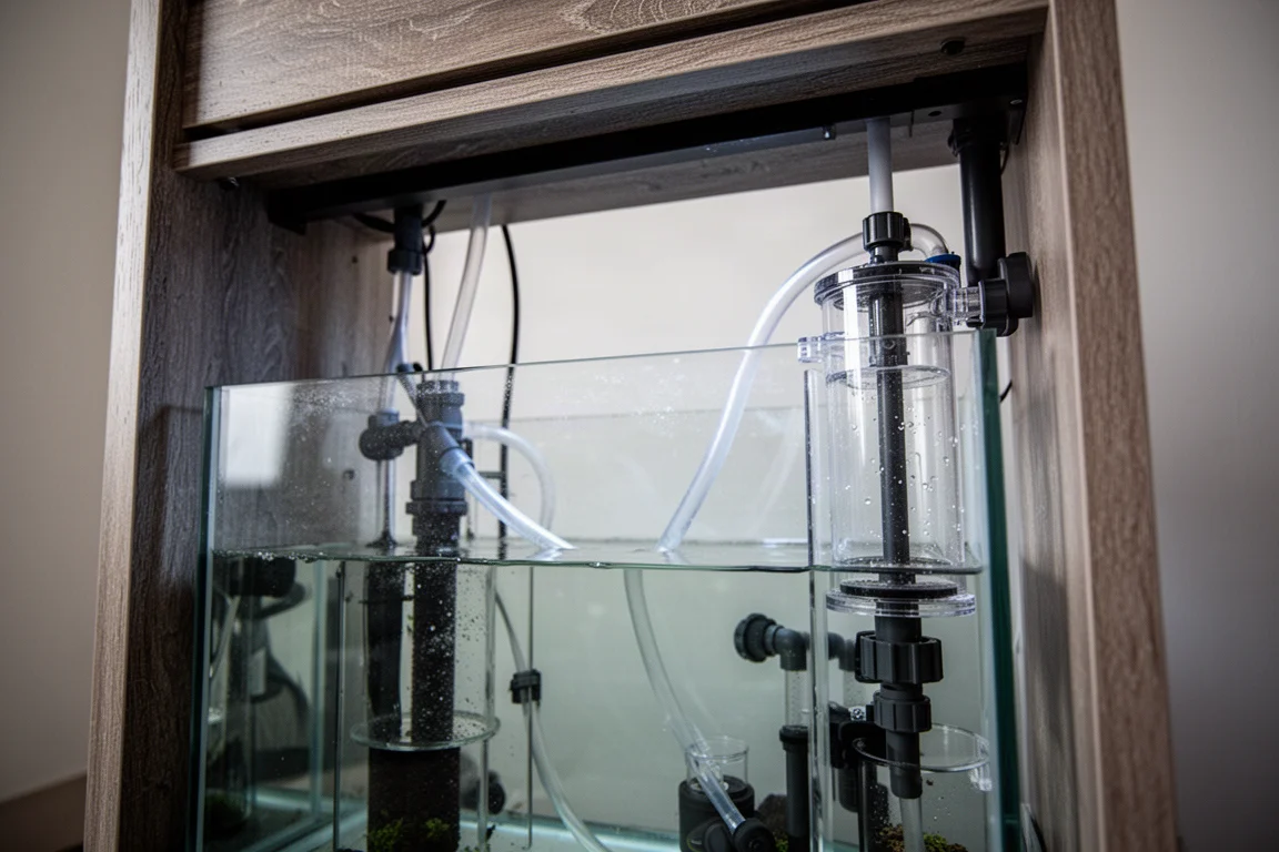 Cramped aquarium equipment cabinet with sump, tubing and tight space for gear