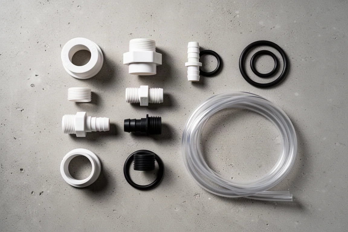 Flat-lay of plumbing fittings, couplers, reducers and O-rings on concrete