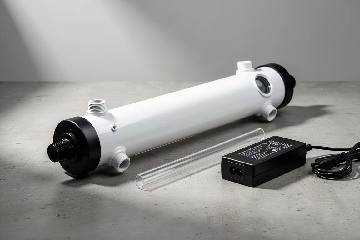 Cylindrisk UV-sterilisator för akvarium med kvartshylsa och nätaggregat på en betongyta