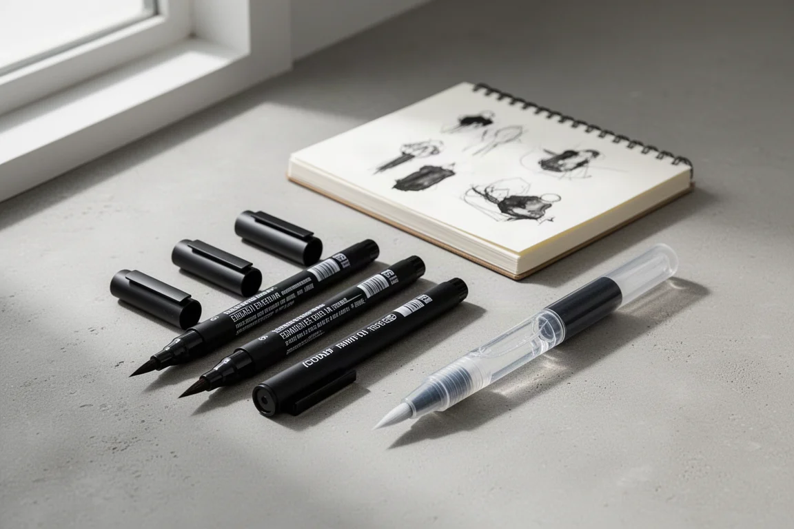 Three brush pens and a water brush arranged beside an open sketchbook