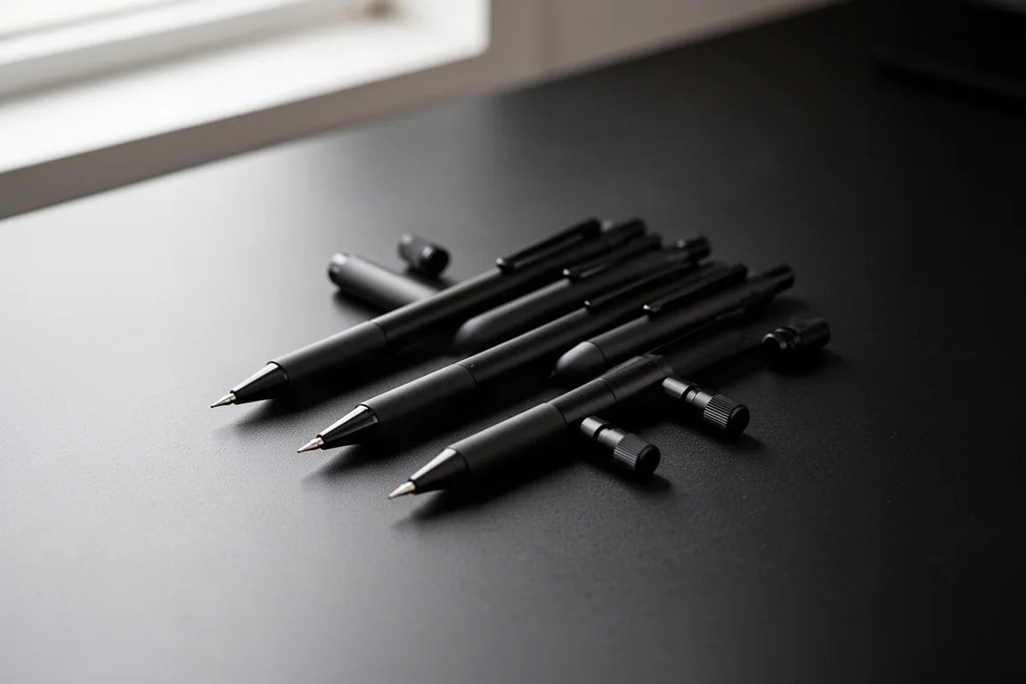 Drie all-black vulpotloden uitgestald op een donker bureauoppervlak