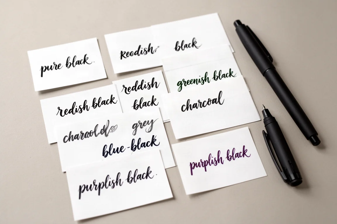 Handschriftproben in sechs leicht unterschiedlichen Schwarztönen auf weißem Papier