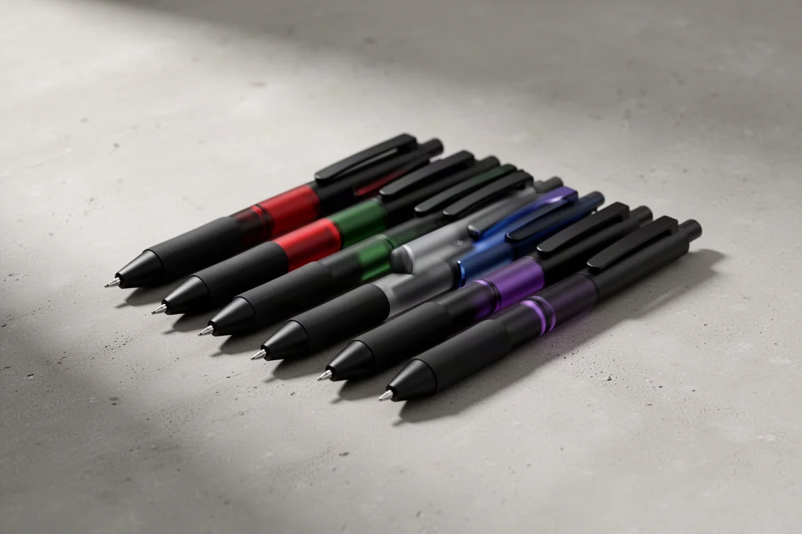 Six matte black gel pens with subtle color undertones arranged in a row on concrete