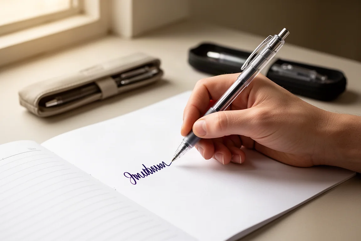 Hand die heldere, verzadigde gelinkt-notities schrijft op wit papier