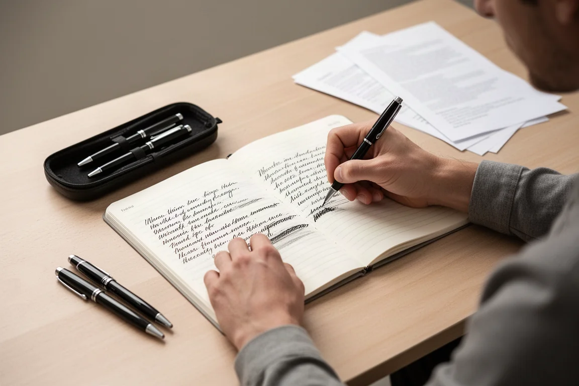 Linkshandige schrijver die snel schrijft zonder vlekken van inkt