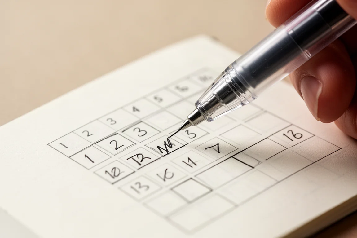Close-up van fijne pennenspitsen die in een klein planner-raster schrijven