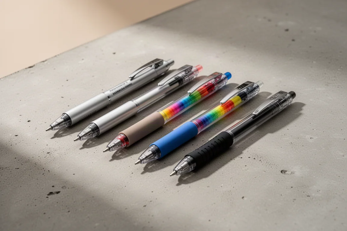 Six gel pens with varied barrel designs arranged on a matte concrete surface