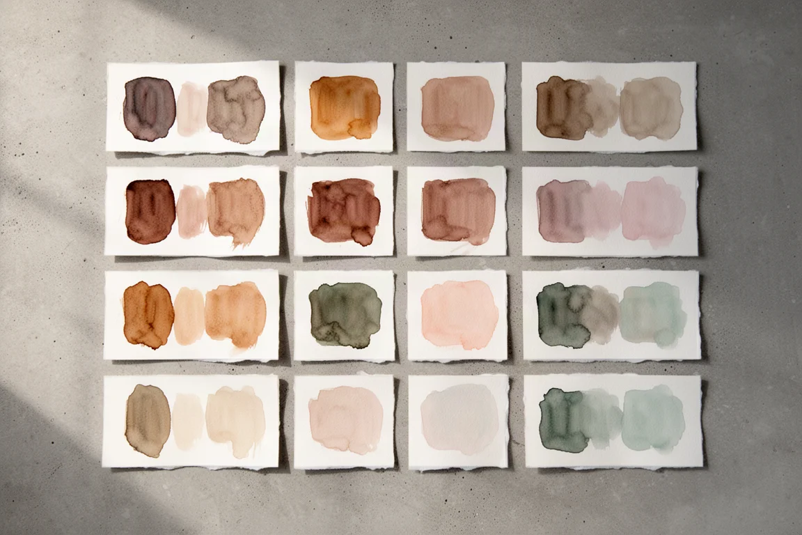 Échantillons d'encre aux teintes sourdes et naturelles sur du papier blanc épais
