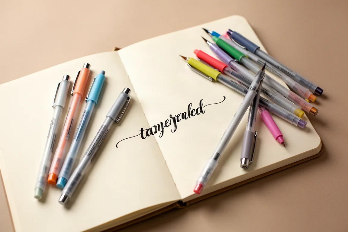 Mains pratiquant la calligraphie au pinceau sur un espace de travail bien rangé